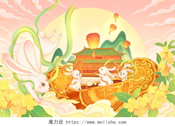 国潮风中秋节玉兔赏月吃月饼插画海报背景中秋建筑插画
